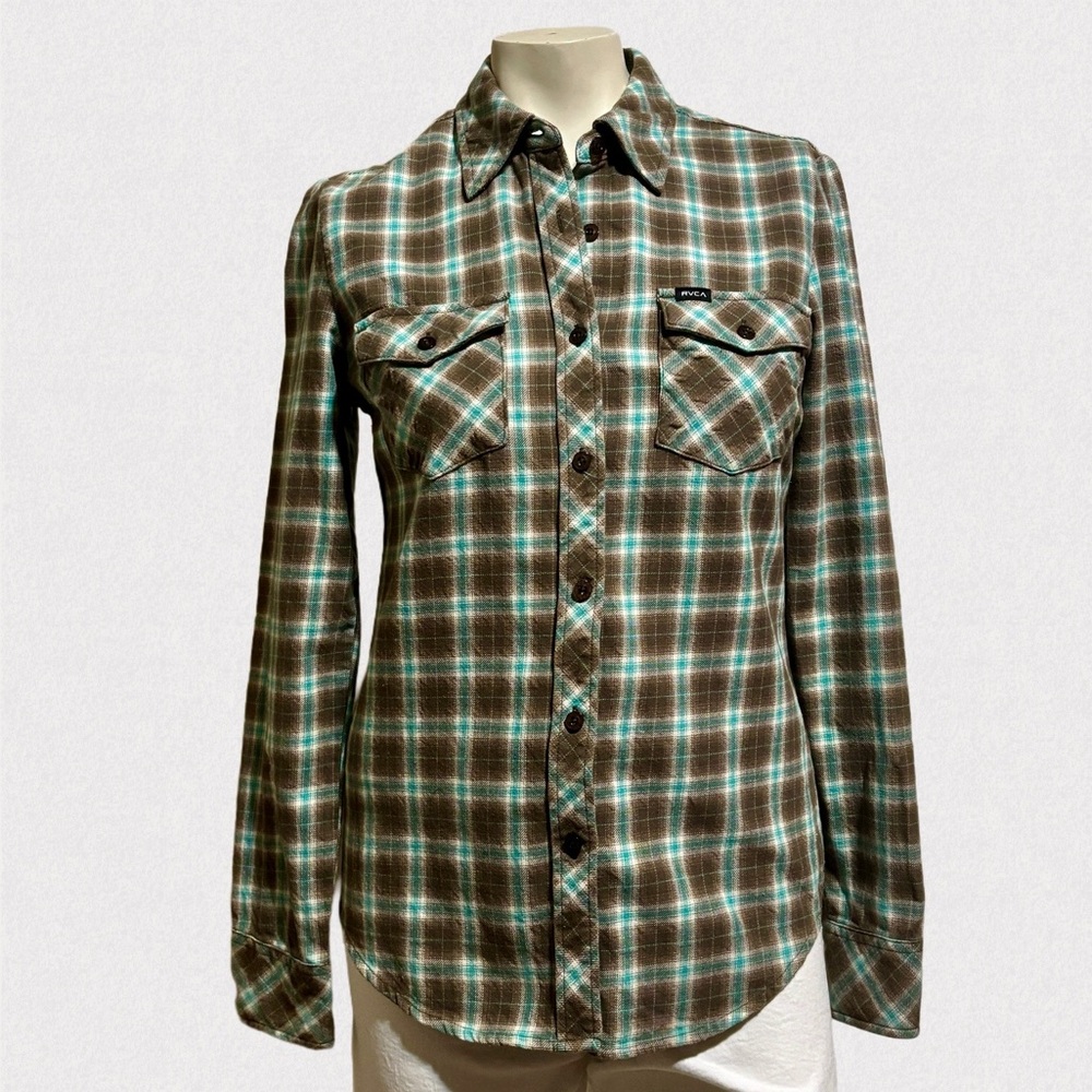 RVCA Plaid Button-Up Shirt Teal Brown Lightweight Flannel Size Small
